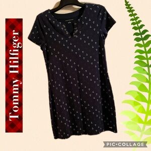 ♥️ Tommy Hilfiger Women's Dress M Navy Blue Anchors Nautical V neck Short sleeve
